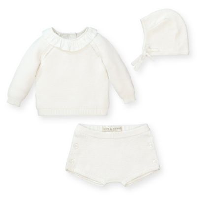 Hope & Henry Baby Ruffle Sweater, Bloomer, and Bonnet Set (Soft White Sweater, Boomer, and Bonnet Set, 3-6 Months)
