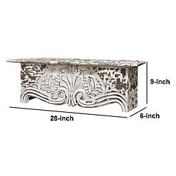 Benzara DunaWest 28 Inch Wooden Floating Wall Shelf with Engraved Floral Details, Antique White