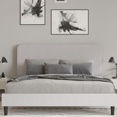 Merrick Lane Remi King Platform Bed with Headboard - Light Grey Fabric Upholstered Frame - 14 Wooden Slats - No Box Spring Required