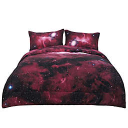 PiccoCasa Reversible Galaxies All-Season Quilted Comforter Set Red With 2 Pillowcases, Twin