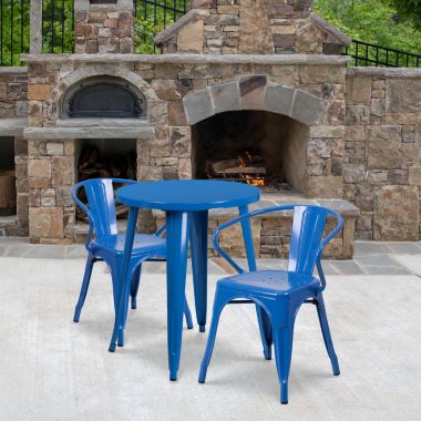 Flash Furniture Napoleon Commercial Grade 24" Round Blue Metal Indoor-Outdoor Table Set with 2 Arm Chairs. View a larger version of this product image.