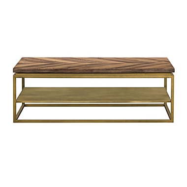 Armen Living Faye Rustic Brown Wood Coffee Table with Shelf and Antique Brass Metal Base. View a larger version of this product image.