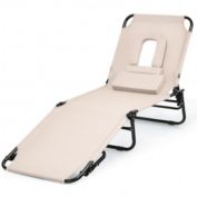 Costway Outdoor Folding Chaise Beach Pool Patio Lounge Chair Bed with Adjustable Back and Hole-Beige