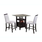 Pilaster Designs Lenn Counter Height Dining Set (35" Square Cappuccino Wood Storage Table With Beveled Glass Top & 2 White Faux Leather Chairs)