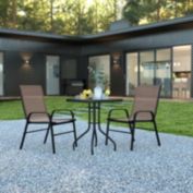 Flash Furniture Brazos 3 Piece Outdoor Patio Dining Set - 23.5" Square Tempered Glass Patio Table, 2 Brown Flex Comfort Stack Chairs