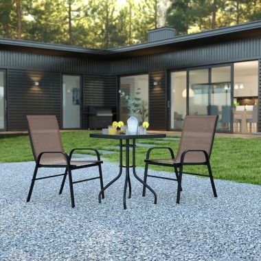 Flash Furniture Brazos 3 Piece Outdoor Patio Dining Set - 23.5" Square Tempered Glass Patio Table, 2 Brown Flex Comfort Stack Chairs. View a larger version of this product image.