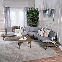 GDFStudio Emmory Indoor Minimalist V Shaped 4 Piece Grey Finished Acacia Wood Sectional Sofa Set with Grey Cushions