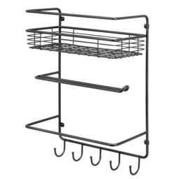 mDesign Metal Wall Mount Paper Towel Holder with Storage Shelf/Hooks