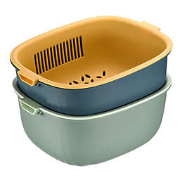 Unique Bargains Kitchen Colander with Bowl Set 2 Pieces, Plastic Food Strainer, Fruit Vegetable Washing Basket Dual Layer Drain Basket for Pasta Veggies-Green+Blue