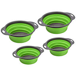Unique Bargains Collapsible Colander Over The Sink Set, 4 Pieces Silicone Round Foldable Strainer with Handle Space Suitable for Pasta, Vegetables, Fruits - Green 2 Size 8in 9.4in