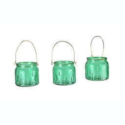 Things2Die4 Set of 3 Leaf Textured Green Glass 4.25 Inch Tall Tealight Candle Lanterns with Wire Handles