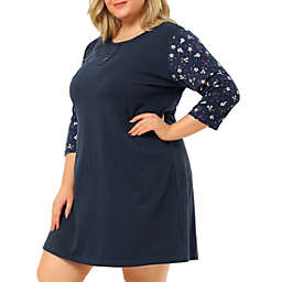 Agnes Orinda Women's Plus Size 3/4 Sleeve Floral Loungewear Nightgown, Navy, 4X