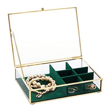 Juvale Glass Jewelry Box with Lid and Green Velvet Compartments, Gold Display Case (7.1 x 5.5 In). View a larger version of this product image.