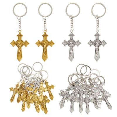 Juvale 24 Pack Christian Cross Keychain Bulk Set, Religious Metal Key Holders for First Communion Favors, Easter, Baptism (Silver, Gold, 3.6 In)