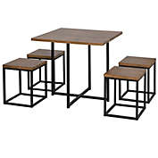 HOMCOM 5 Piece Dining Room Table Chair Set Square Board Steel Space Saving With Stools for Small Space, Breakfast Nook, Walnut Wood Color