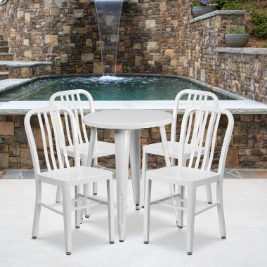 Flash Furniture Thomas Commercial Grade 24" Round White Metal Indoor-Outdoor Table Set with 4 Vertical Slat Back Chairs. View a larger version of this product image.