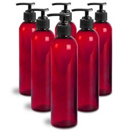 Royal Massage 8oz Bullet Round Massage Oil/Lotion/Liquid Bottle with Saddle Pump (Red, Set of 6)