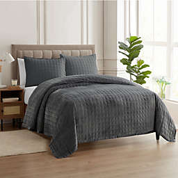 Sweet Home Collection   Quilt Set 3 Piece Set Crushed Velvet Oversized Reversible Pattern with Pillow Shams, Queen, Gray