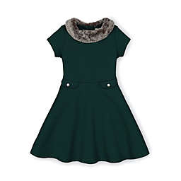 Hope & Henry Girls' Fit and Flare Ponte Dress with Faux Fur (Botanical Green, 12-18 Months)