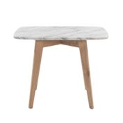 The Bianco Collection Cima 12" x 21" Rectangular Italian Carrara White Marble Side Table with Oak Legs