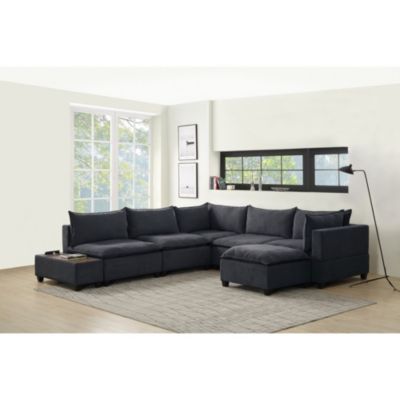 Contemporary Home Living 131.5" Madison Dark Gray 7-Piece Modular Sectional Sofa Chaise with USB Storage and Console Table