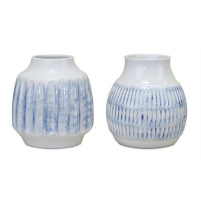 Melrose Set of 2 Blue and White Notched Planter Vases 6"