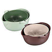 Unique Bargains Durable Kitchen Strainer Colander Bowl Set 2 Pieces, Double-layer Rotatable Drain Basket Space Saver for Vegetables Fruits Cleaning Washing-Green+Purple