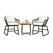 Costway 3 Pieces Patio Rattan Bistro Set Cushioned Chair Glass Table Deck-White