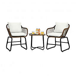 Costway 3 Pieces Patio Rattan Bistro Set Cushioned Chair Glass Table Deck-White