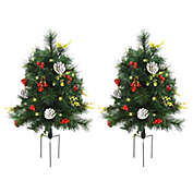 HOMCOM 22.5in Christmas Tree 2-Pack Outdoor Pre-Lit Artificial Pine Cordless with 24 Warm White Lights and Stakes