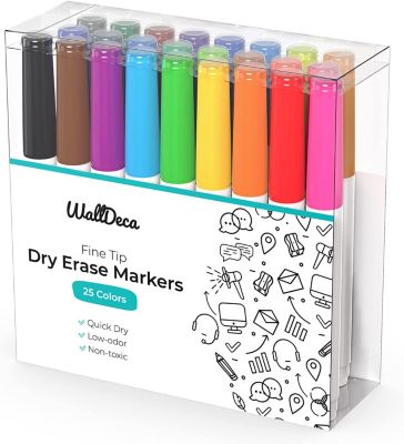 WallDeca Low-Odor Dry Erase Markers, 25 Colors, Fine Tip