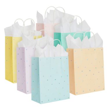 Blue Panda 36 Pack Medium Polka Dot Paper Gift Bags with Handles and White Tissue Paper, 6 Pastel Rainbow Colors (10 x 8 x 4 In). View a larger version of this product image.