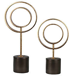 Urban Trends Collection Metal Round Ornament with Stand on Dark Brown Round Base Set of Two Distressed Finish Gold