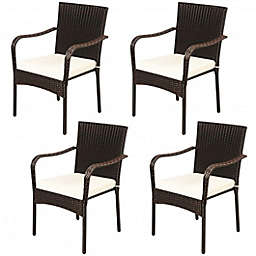 Costway Set of 4 Patio Rattan Stackable Dining Chair with Cushioned Armrest for Garden