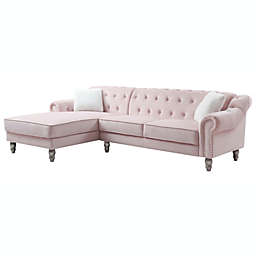 Passion Furniture Encino 99 in. Chesterfield Tufted Pink Velvet Sectional Sofa with 2-Throw Pillow