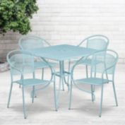 Flash Furniture Oia Commercial Grade 35.5" Square Sky Blue Indoor-Outdoor Steel Patio Table Set with 4 Round Back Chairs