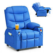 Costway PU Leather Kids Recliner Chair with Cup Holders and Side Pockets-Blue