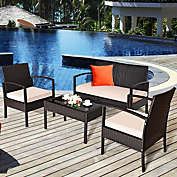 Gymax 4PCS Patio Rattan Set Cushioned Sectional Sofa Glass Table