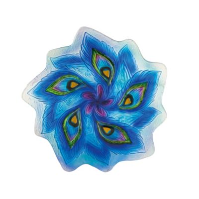 Evergreen 18" Hand Painted and Embossed Shaped Bird Bath, Peacock Feather
