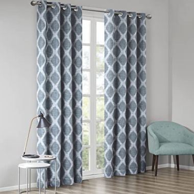 JLA Home SUNSMART Blakesly Blackout Curtains Patio Window, Ikat Print, Grommet Top Living Room Decor, Thermal Insulated Light Blocking Drape for Bedroom and Apartments, 50" x 95", Navy. View a larger version of this product image.