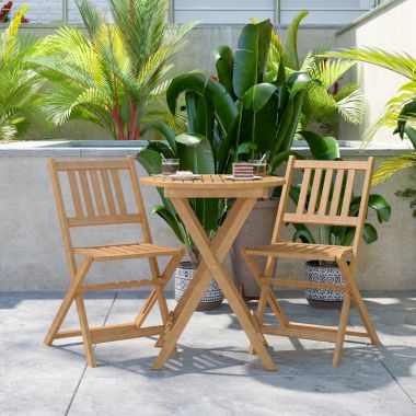 Flash Furniture Martindale 3 Piece Folding Patio Bistro Set, Indoor/Outdoor Acacia Round Wood Table and 2 Chair Set with Slatted Design, Natural Finish. View a larger version of this product image.