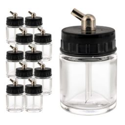 Master Airbrush 10 Pack Master Airbrush TB-003, 3/4 oz Glass Jar Bottles with 60 degree Down Angle Adaptor Lid Assembly, Single-Action Siphon