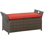 Outsunny Outdoor PE Rattan Two-In-One Storage Bench, Patio Wicker Large Capacity Footstool Rectangle Basket Box w/ Handles & Cushion, Red