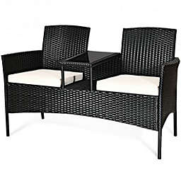 Costway Patio Rattan Set Sofa Cushioned Loveseat Glass Table Chairs
