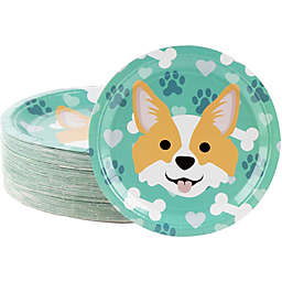 Blue Panda Disposable Plates - 80-Count Paper Plates, Dog Party Supplies for Appetizer, Lunch, Dinner, and Dessert, Corgi, 9 x 9 Inches