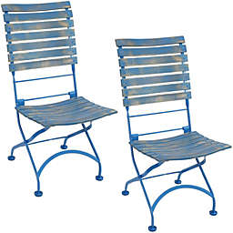 Sunnydaze Cafe Couleur Folding Chestnut Wooden Folding Chair - Blue - Set of 2