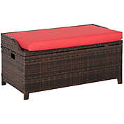 Outsunny Storage Bench Rattan Wicker Garden Deck Box Bin with Interior Waterproof Cloth Bag and Comfortable Cushion, Brown