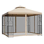 Outsunny 10&#39; x 10&#39; Steel Outdoor Patio Gazebo Canopy with Privacy Mesh Curtains, Weather-Resistant Roof, & Storage Trays