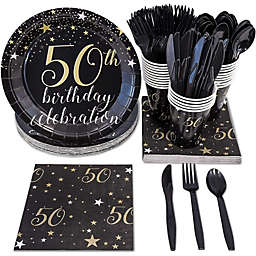 Blue Panda 144 Piece 50th Birthday Party Supplies, Dinnerware Set with Plates, Napkins, Cups, and Cutlery (Serves 24)