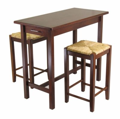 Sally 3-Pc Breakfast Table with Rush Seat Counter Stools, Walnut